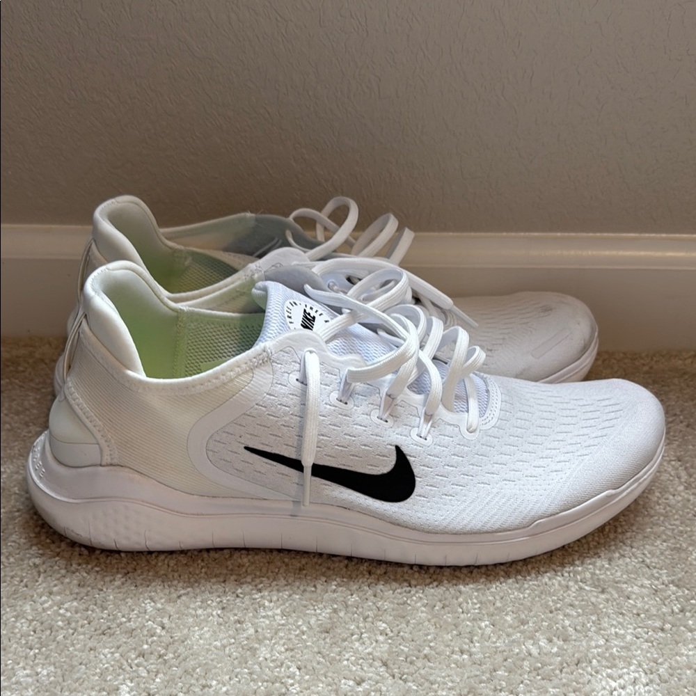 Nike White Free RN with Black Swoosh